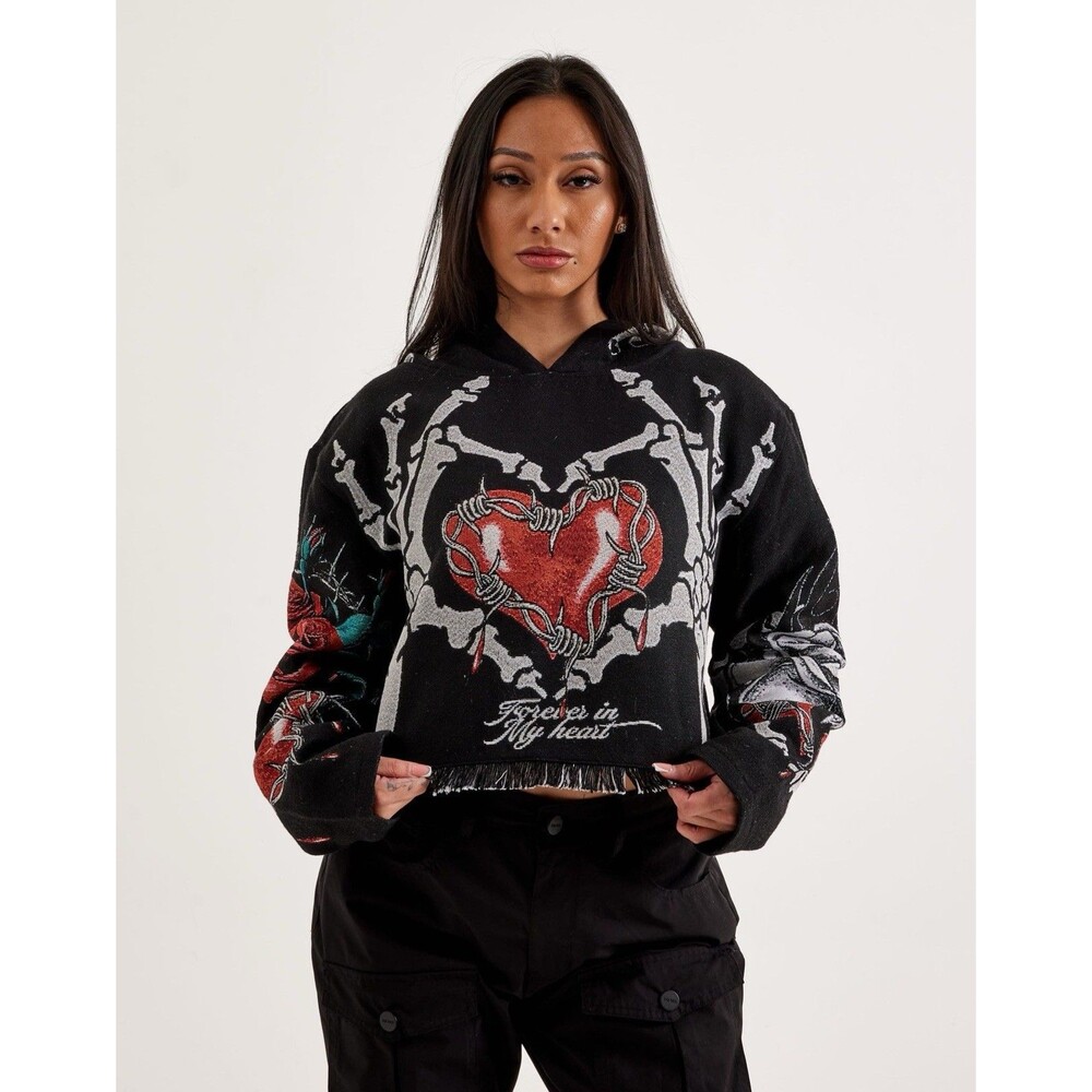 WOMENS MAJESTIK SKELETON TAPESTRY CROPPED HOODIE Size LARGE